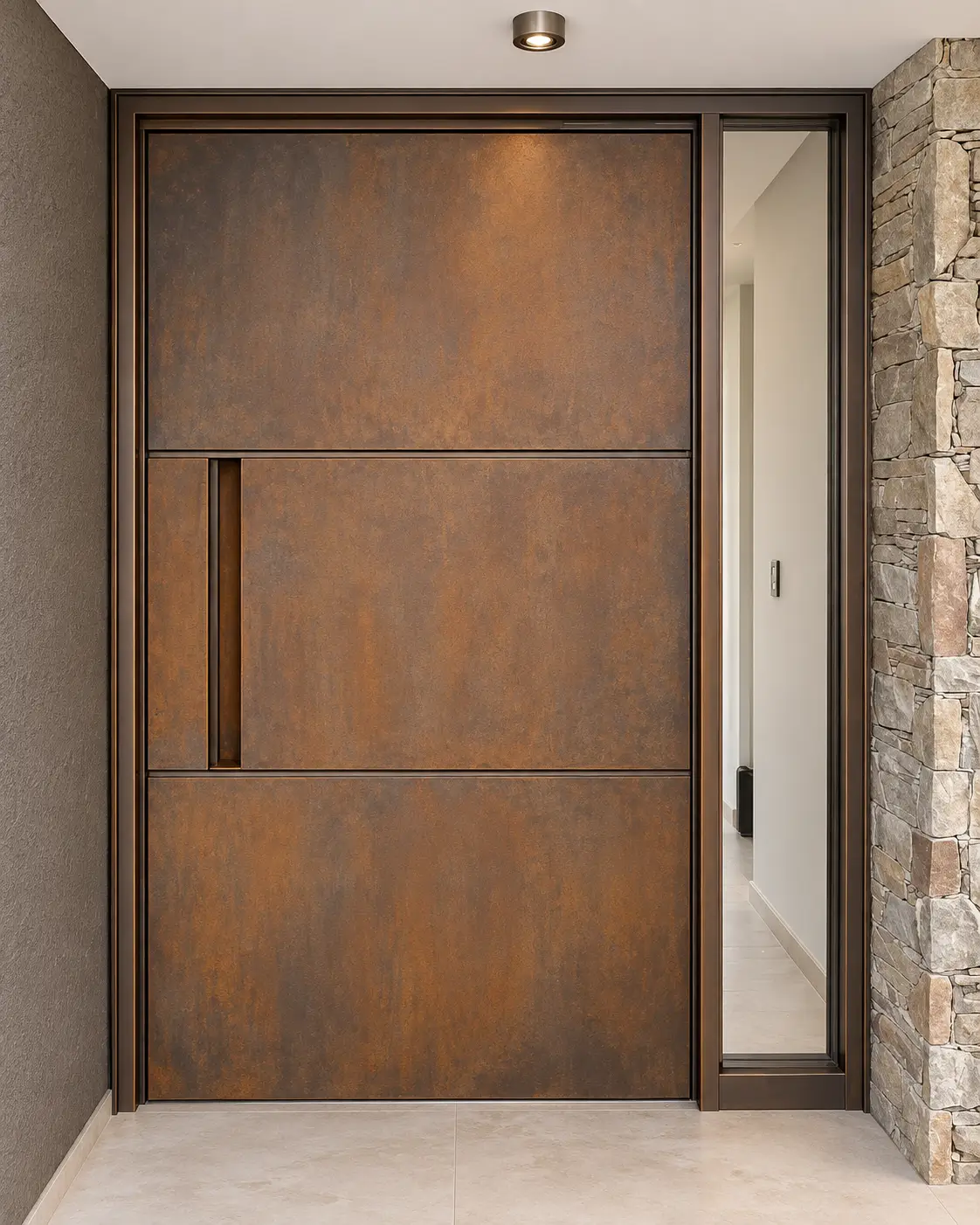 Puerta pivotante Puertas Tres con terminación metálica oxidada, en el ingreso de una vivienda con revestimiento de piedra